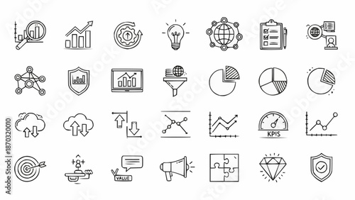 Collection of Hand Drawn Business and Data Icons on White Background.