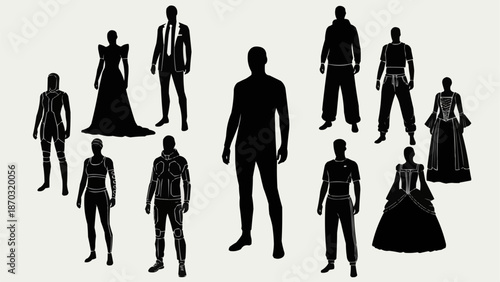 Diverse Silhouettes of People in Various Outfits and Styles.