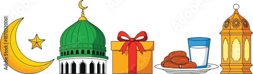A collection of traditional islamic symbols and elements for holy celebrations like ramadan and eid al fitr