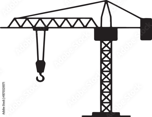 Black silhouette of a tower crane with a hook against a white background construction