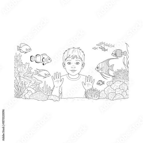 Line of a young boy looking through an aquarium filled with colorful fish and coral Keywords