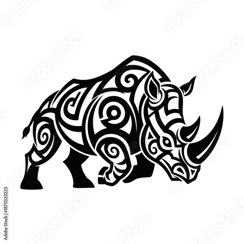 A stylized black and white tribal art illustration of a powerful rhinoceros with intricate patterns.