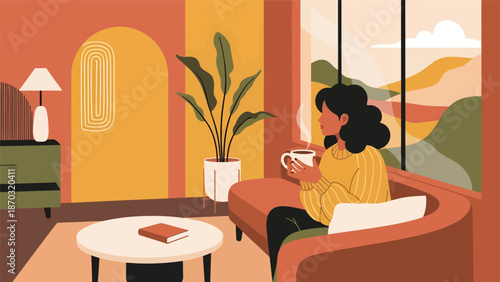 Woman enjoying a warm drink while relaxing in a cozy armchair.