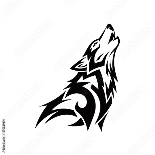 A stylized black and white tribal art design of a howling wolf in profile, featuring sharp lines and swirling patterns.