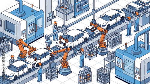 Automotive manufacturing plant with robots and workers