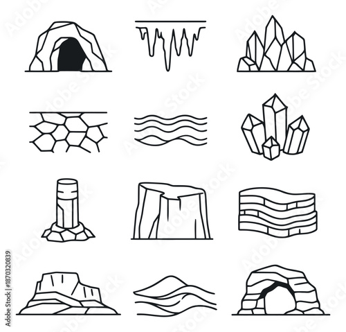Line art geological elements set featuring caves, crystals, and rocks for game design