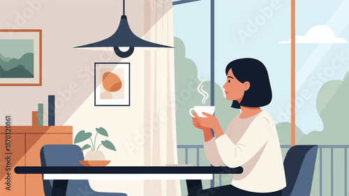 Woman enjoying a warm drink in a cozy indoor setting.