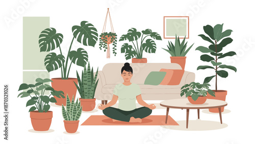 Woman Meditating in Lotus Pose Surrounded by Houseplants.