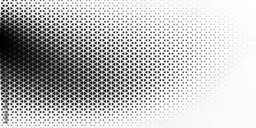 Triangular halftone background. Vector geometric technology abstract background. Halftone triangles retro pattern. Minimal 80s style dynamic tech geometric pattern.