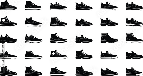 Collection of black shoe silhouettes, various footwear icons including sneakers, boots, and casual shoes isolated on white background, vector illustration for fashion design,