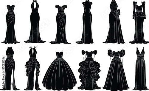 Collection of elegant dress silhouettes, black evening gown vector icons for fashion design, formal wear party clothing isolated on a white background,