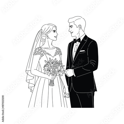 Line of a bride and groom in formal wedding attire holding hands and looking at each other