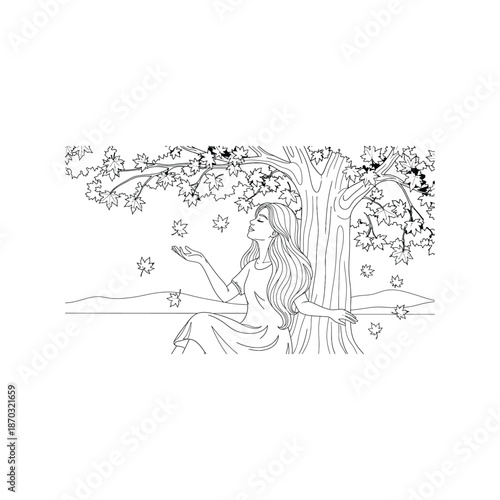 Woman with long hair reaching out under a falling leaf maple tree in line style
