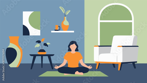 Woman meditating peacefully in a serene indoor setting.