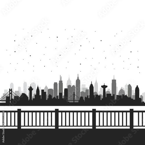 Black and white silhouette of a modern city skyline with a waterfront promenade and a starry sky.