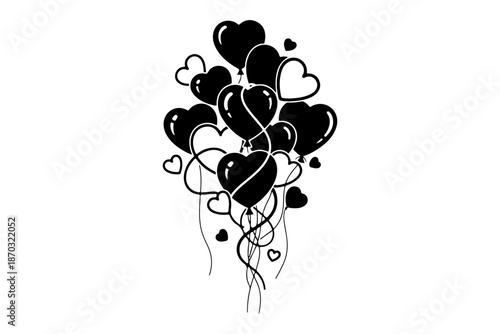 Black and white vector illustration depicting a beautiful bunch of heart-shaped balloons, gracefully tied with ribbons, perfect for themes of love, celebration, and romance