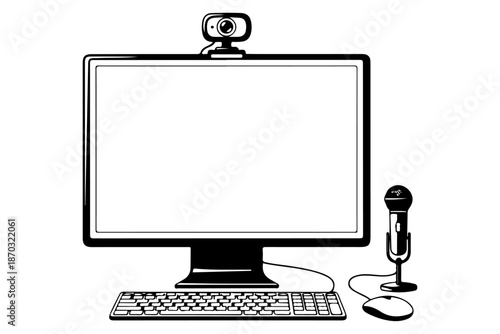 Computer setup with webcam and microphone for online communication and content creation