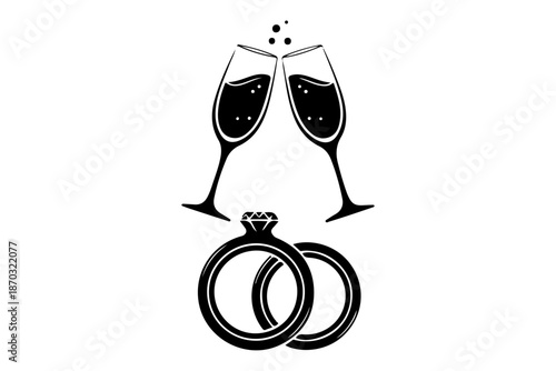Vector illustration of a festive toast with champagne flutes and wedding rings, symbolizing love, commitment, and the joyous celebration of a lifelong union