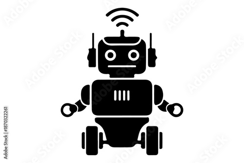 Modern minimalist robot icon in black, featuring an antenna with wireless signal, representing artificial intelligence, cutting-edge technology, and smart automation concepts