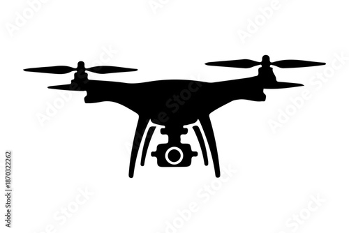 Stylized black silhouette of a modern quadcopter drone, featuring an integrated camera for aerial photography, symbolizing advanced remote control technology and innovative flight