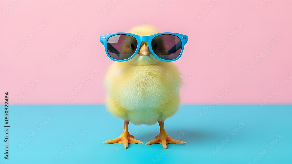 Fototapeta premium Adorable baby chick in stylish blue sunglasses on a vibrant pink and blue background, perfect for adding a playful touch to your designs, conveying fun and creativity in advertising or marketing.