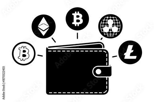 Conceptual vector graphic depicting a virtual wallet surrounded by symbols of diverse digital currencies, highlighting secure financial transactions