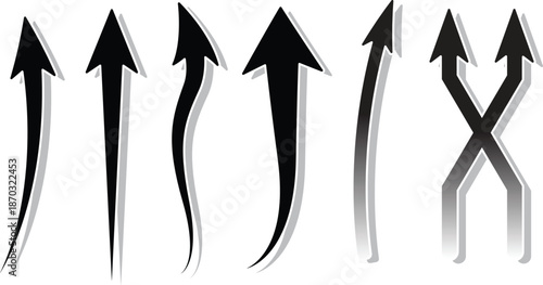 Diverse collection of black arrows with shadows pointing upwards in various styles