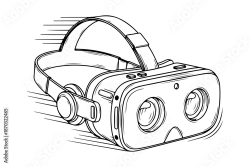 Detailed line drawing of a virtual reality headset with dynamic motion lines, symbolizing immersive digital experiences and advanced future technology concepts