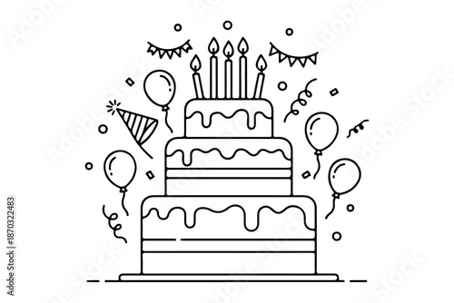 Line art illustration of a multi-tiered birthday cake adorned with candles, surrounded by festive balloons, confetti, and party hat, perfect for celebrations and special occasions