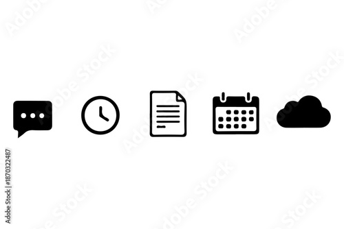 Collection of icons representing communication, time, documents, scheduling, and cloud storage, perfect for digital interfaces and applications