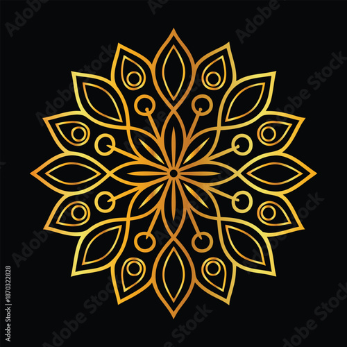 Golden mandala design on blak background