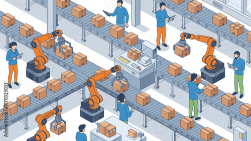 Automated warehouse with robots and workers on conveyor belts