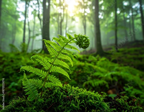 Emerald fern unfurls against a backdrop of misty forest, sunlight dappling through trees