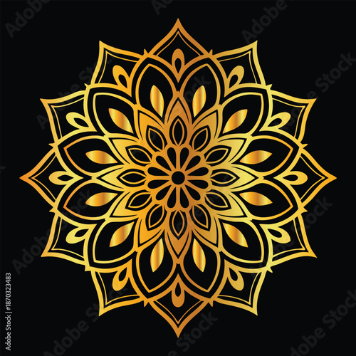 Golden mandala design on blak background