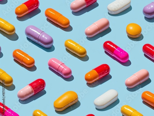 Wallpaper Mural Pattern of medical capsules on light blue background. Seamless composition of vitamin supplements with hard shadows and vibrant colors Torontodigital.ca