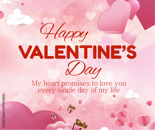 Happy Valentine's Day Poster or banner with cute font, sweet hearts and gift box on red background.Promotion and shopping template or background for Love and Valentine's day concept
