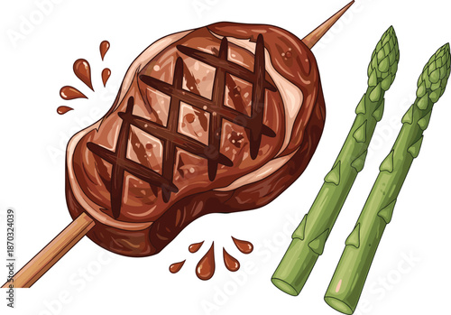 Grilled steak skewer illustration, juicy barbecue meat with asparagus vegetables, gourmet food concept, isolated vector design for restaurant menu artwork