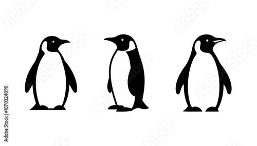 Three stylized black and white penguin illustrations standing side by side, capturing their iconic upright posture and distinct markings