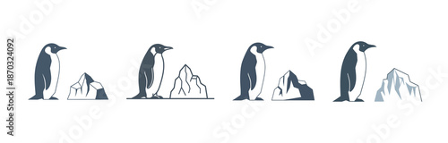 Collection of four identical illustrations of penguins standing near ice formations on a white background