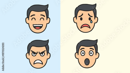 Four Cartoon Faces Showing Different Emotions Like Happiness Sadness Anger Surprise.