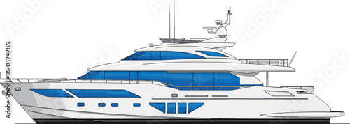 Luxury motor yacht side view illustration isolated on white background, modern superyacht design for marine travel, boating, leisure lifestyle ocean