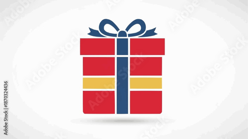 Red gift box with blue ribbon and yellow stripe.