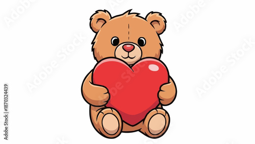 Cute teddy bear holding a red heart symbol.