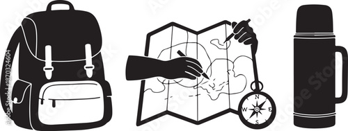 Travel planning and adventure preparation icons set