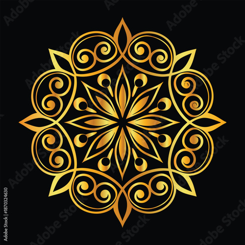 Golden mandala design on blak background