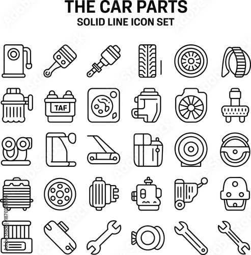 A solid line icon set featuring various car parts and automotive components in a grid arrangement