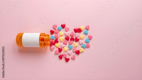 valentines heart pills spilling from orange medicine bottle on pink background