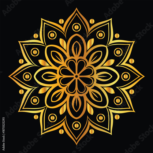 Golden mandala design on blak background