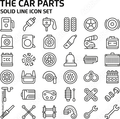 A solid line icon set of various car parts including wheels, batteries, and engine components in black