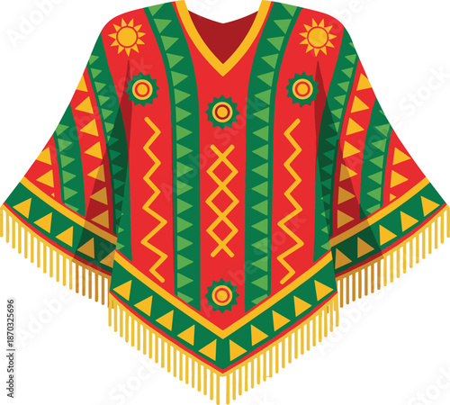 Traditional ethnic poncho illustration, colorful folk textile clothing design, cultural festival costume concept, isolated vector garment for heritage fashion use
